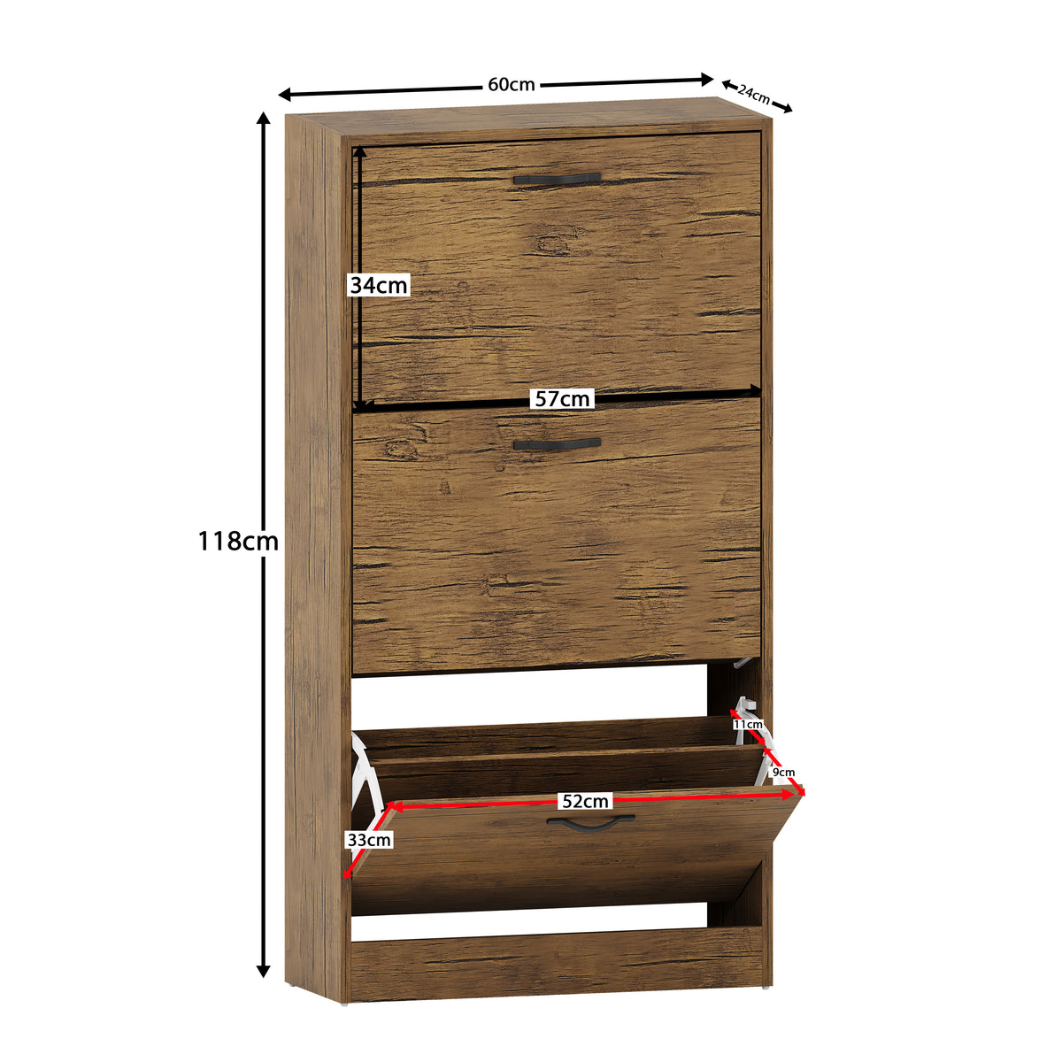 3 Drawer Shoe Cabinet, Antique Brown