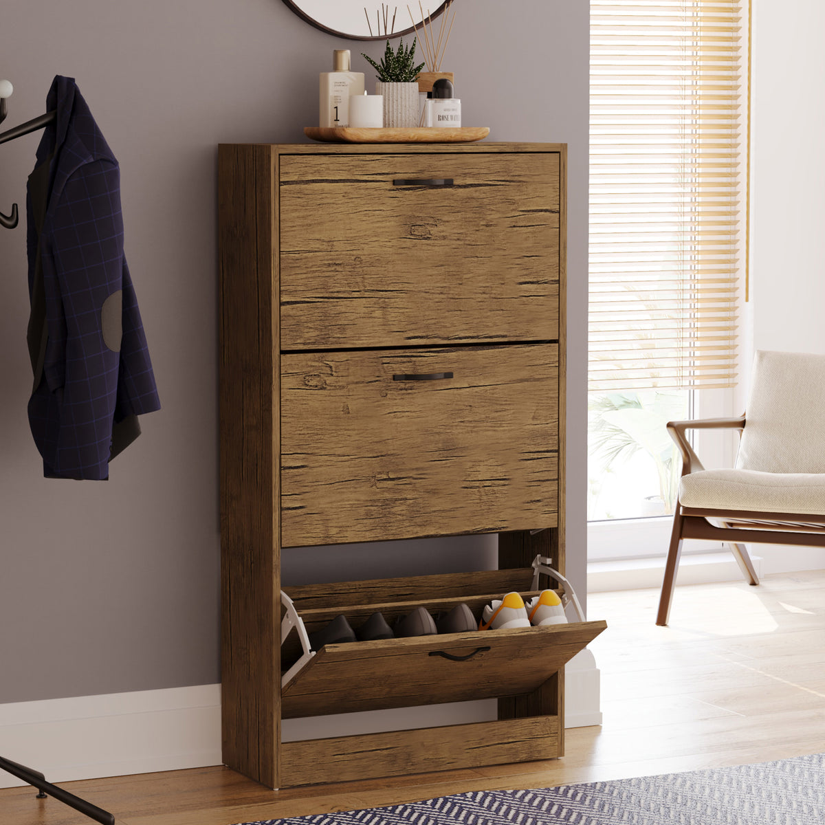3 Drawer Shoe Cabinet, Antique Brown