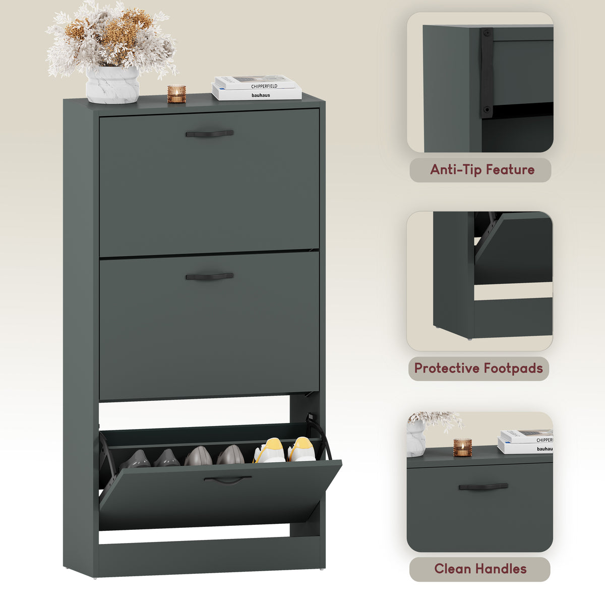 3 Drawer Shoe Cabinet, Jasper Green