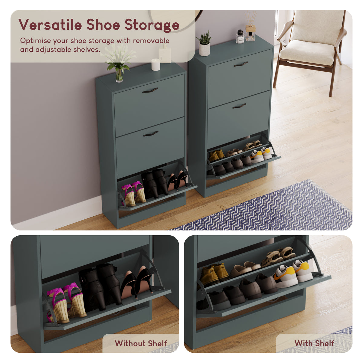 3 Drawer Shoe Cabinet, Jasper Green