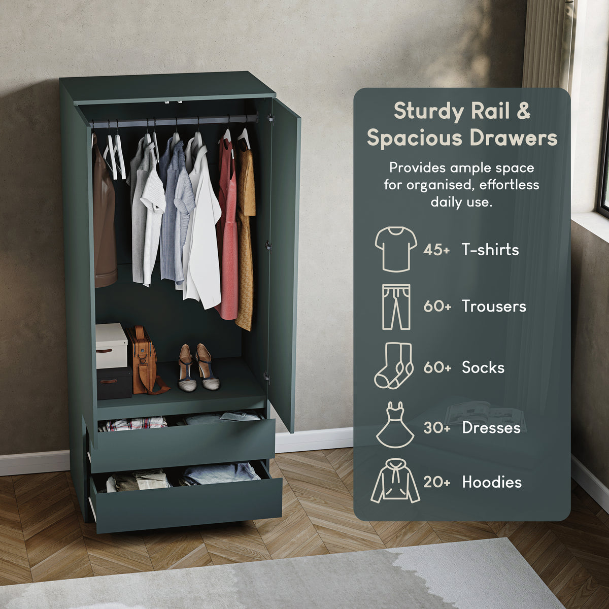 Denver 2 door 2 drawer wardrobe, Jasper Green