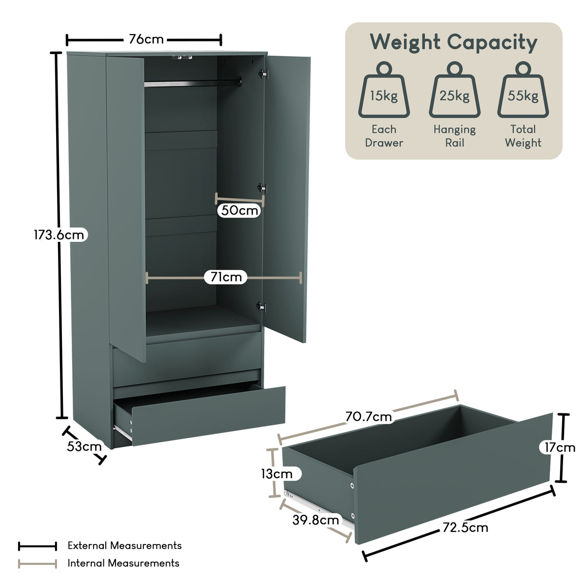 Denver 2 door 2 drawer wardrobe, Jasper Green