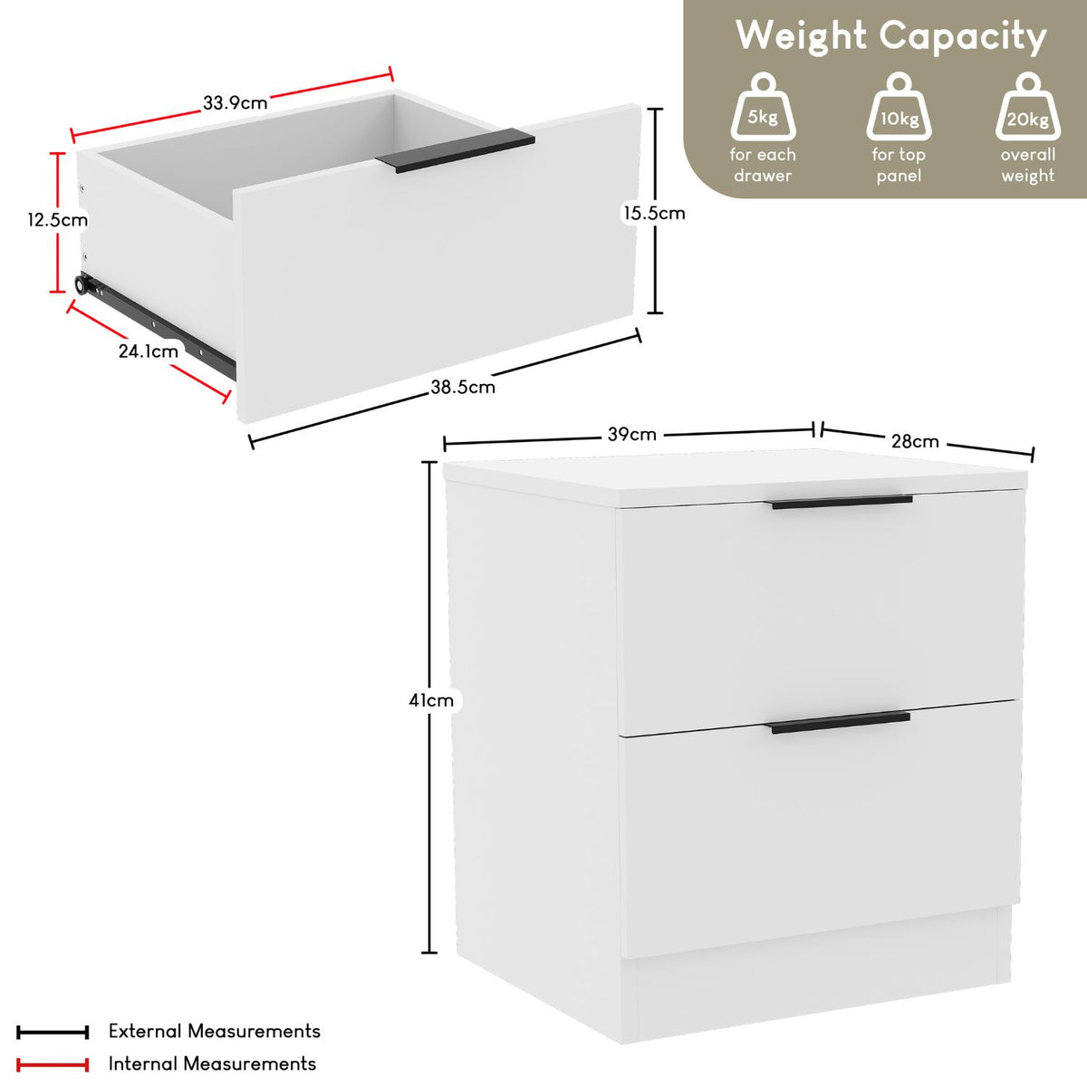 Trega 2 Drawer Bedside Chest, White - Set of 2