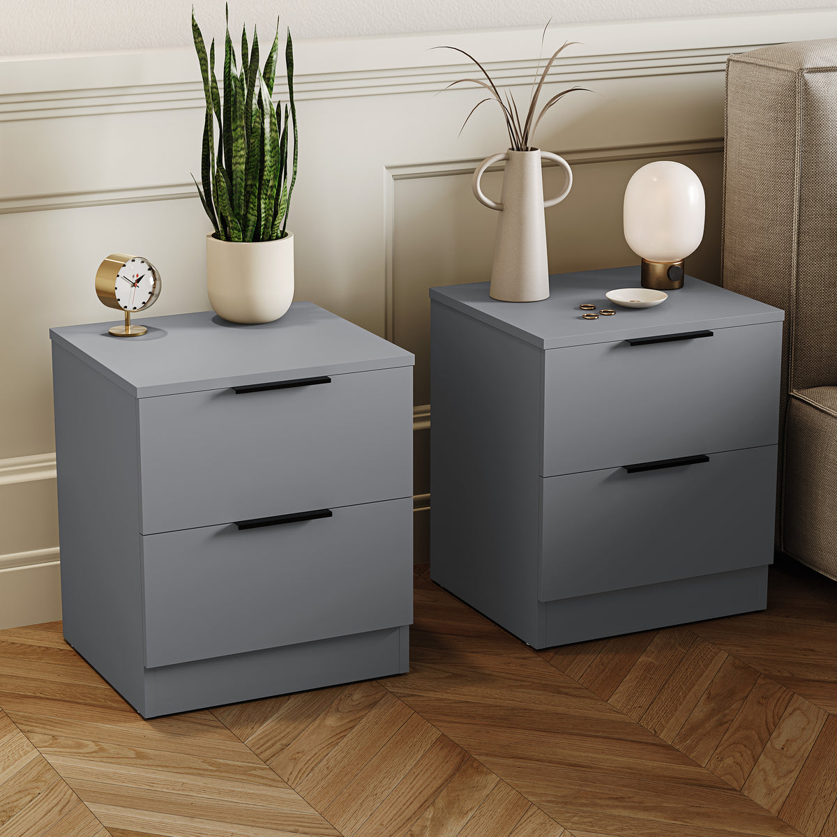 Trega 2 Drawer Bedside Chest, Grey - Set of 2
