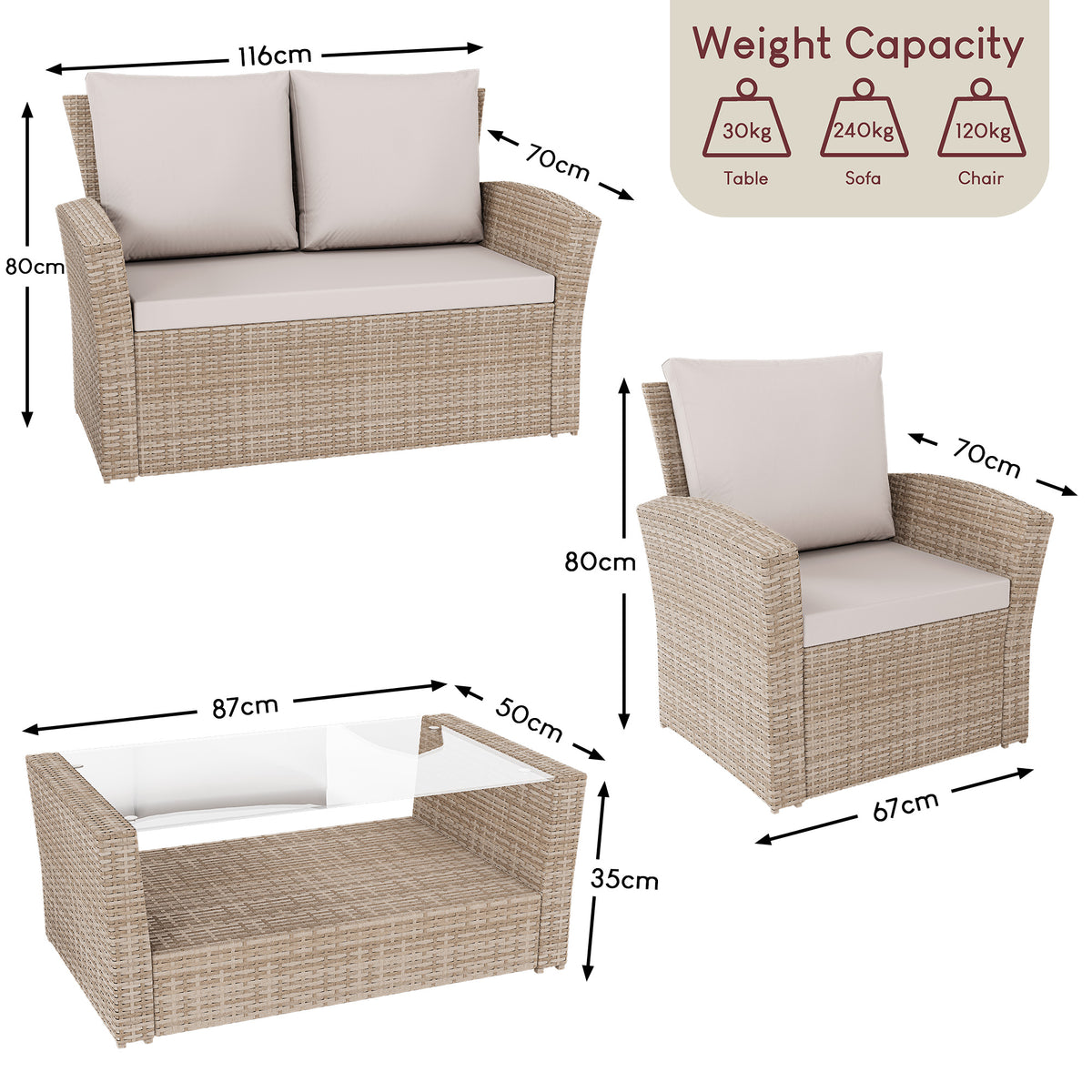 Mylor 4-Seater Rattan Set, Natural UKFR