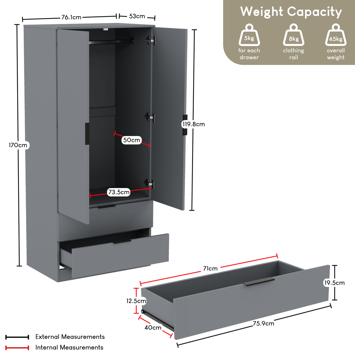 Trega 2 Door 2 Drawer Wardrobe, Grey