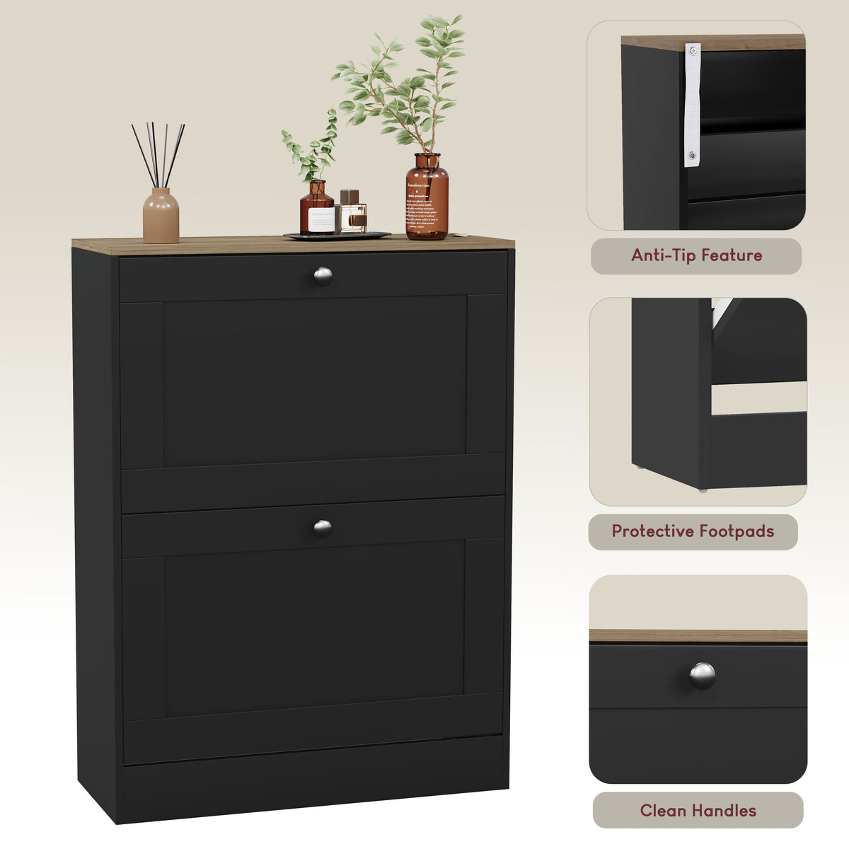 2 Drawer Shoe Cabinet, Black & Oak