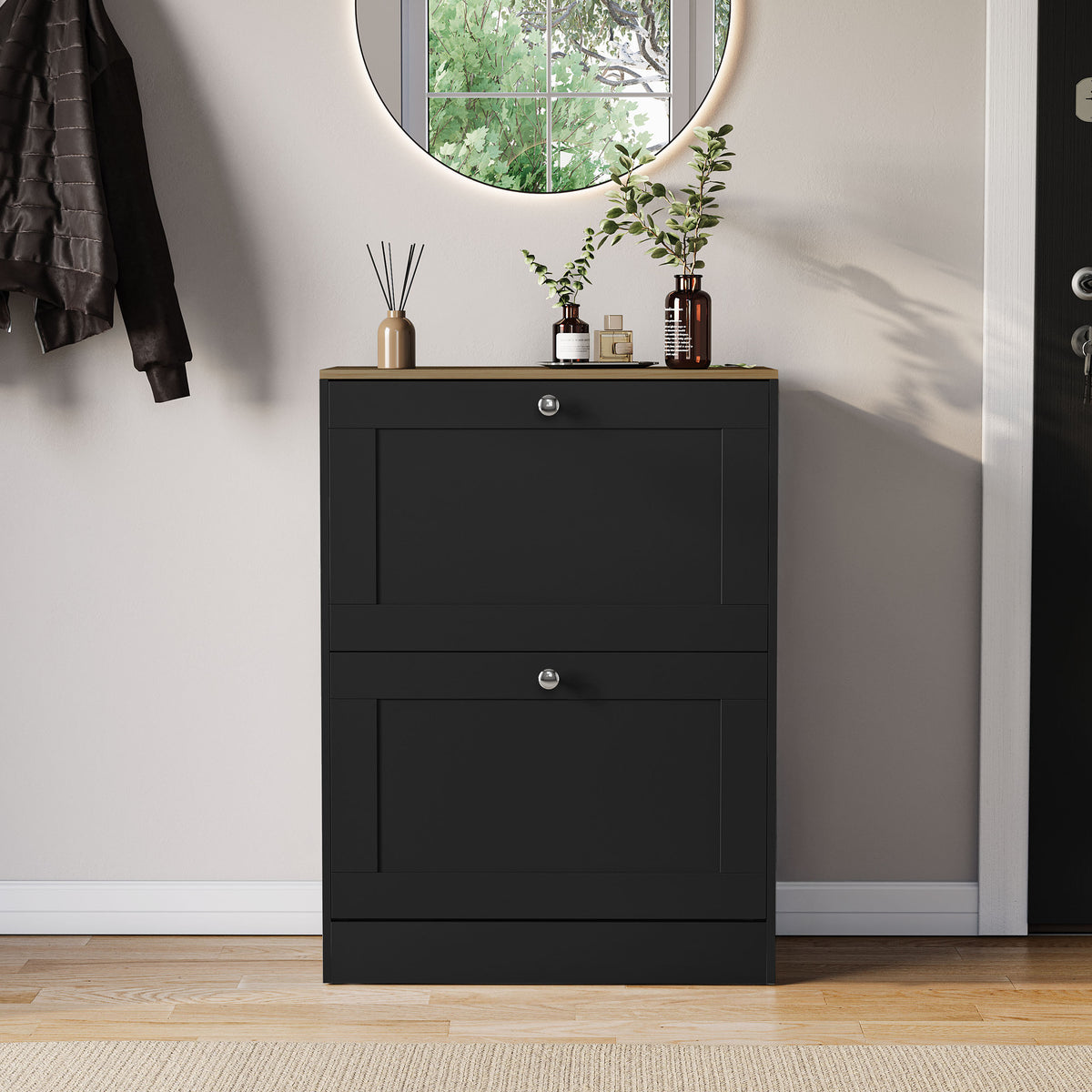 2 Drawer Shoe Cabinet, Black & Oak
