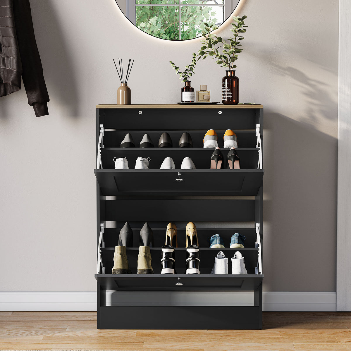 2 Drawer Shoe Cabinet, Black & Oak