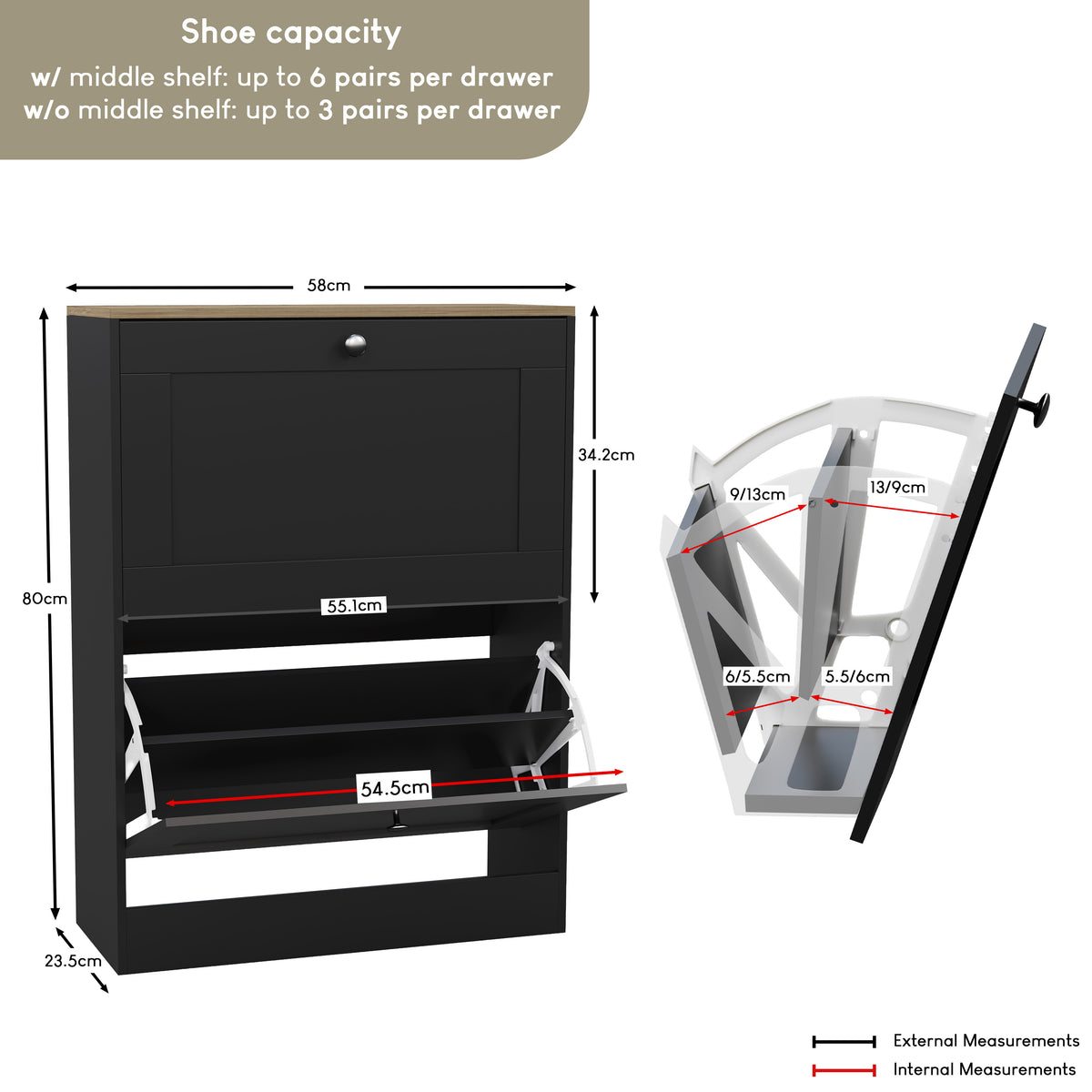 2 Drawer Shoe Cabinet, Black & Oak