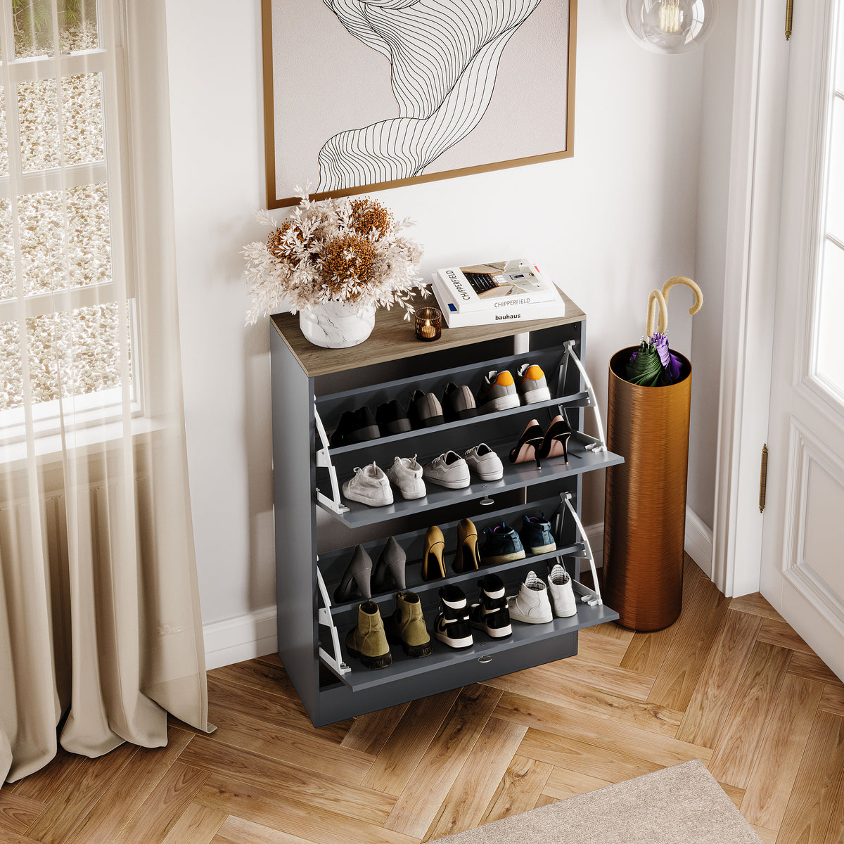 2 Drawer Shoe Cabinet, Grey & Oak