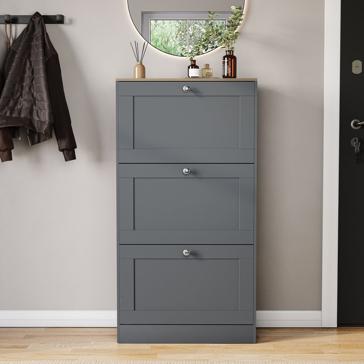 3 Drawer Shoe Cabinet, Grey & Oak