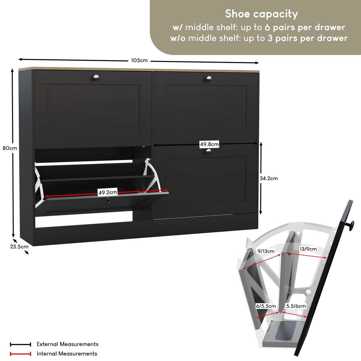 4 Drawer Shoe Cabinet, Black & Oak