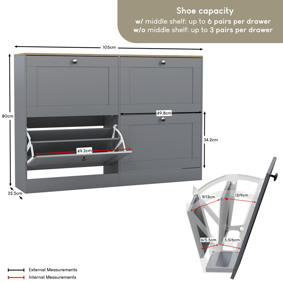 4 Drawer Shoe Cabinet, Grey & Oak