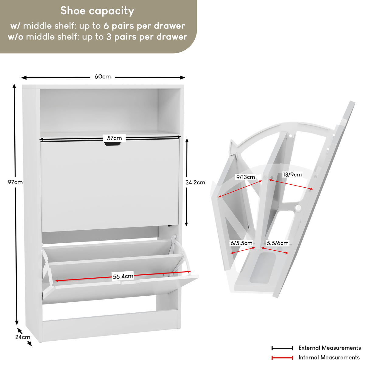 2 Drawer Shoe Cabinet With Shelf, White