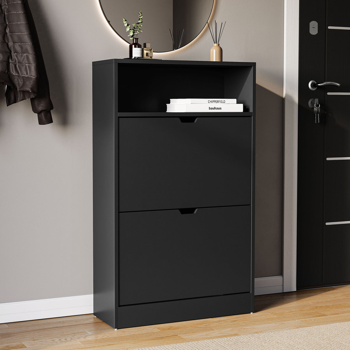 Two-drawer shoe cabinet in black, with two pull-out drawers and a shelf.