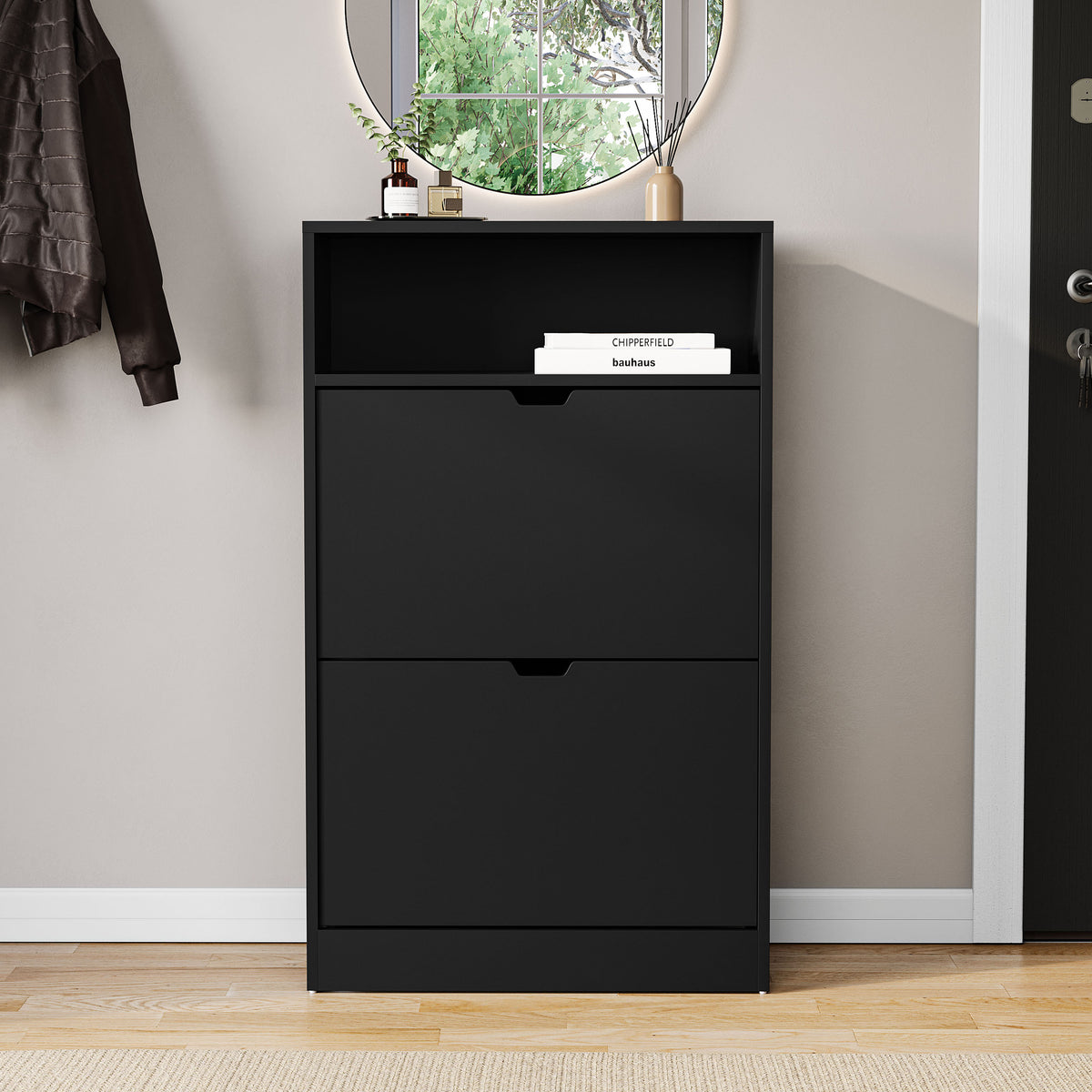 2 Drawer Shoe Cabinet With Shelf, Black