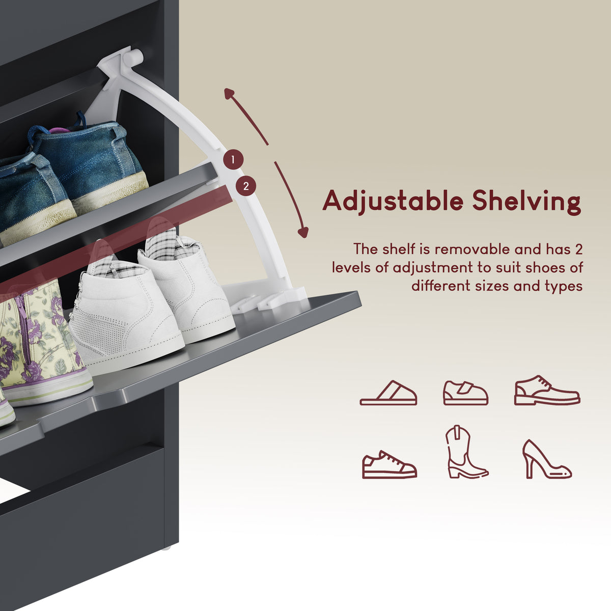 2 Drawer Shoe Cabinet With Shelf, Grey