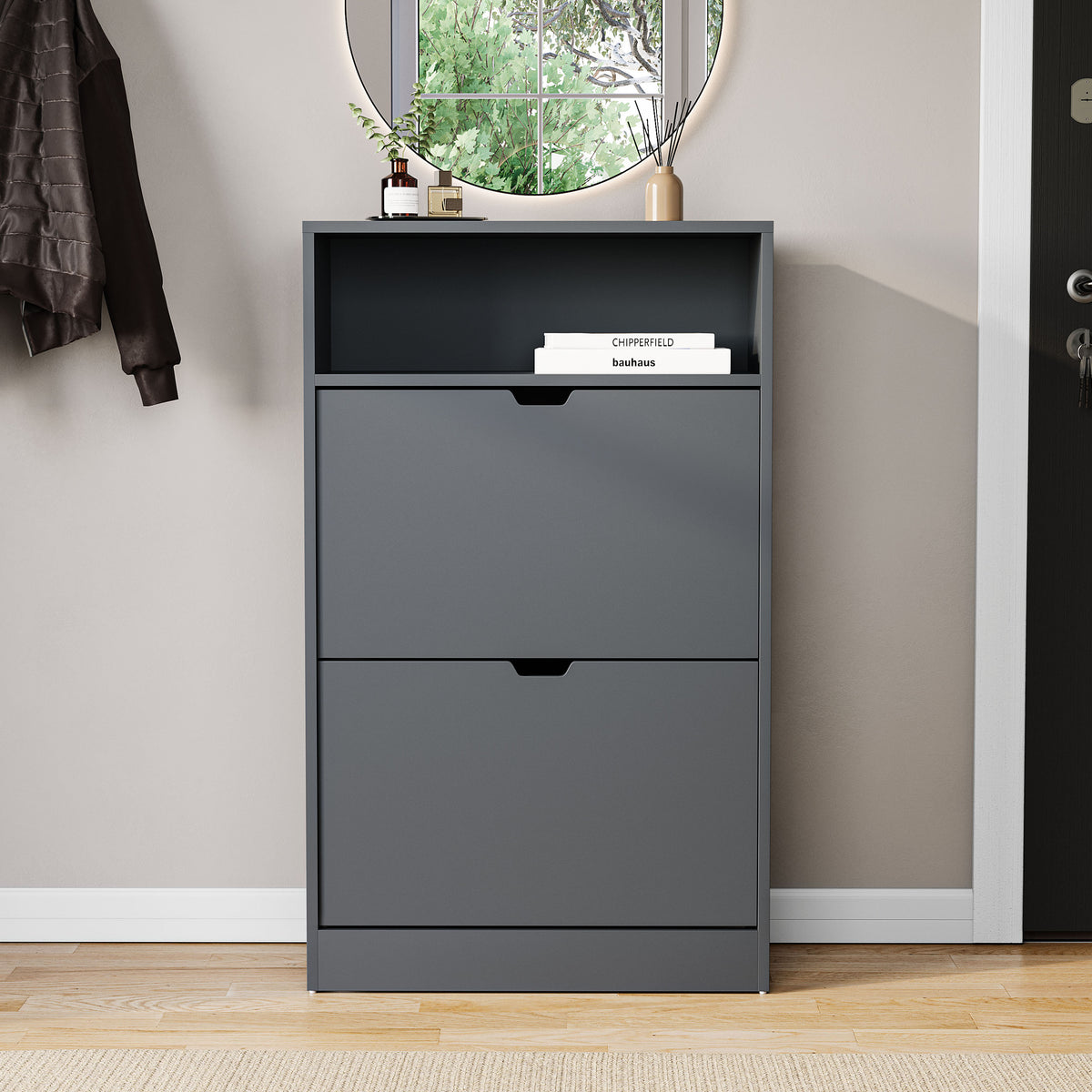2 Drawer Shoe Cabinet With Shelf, Grey