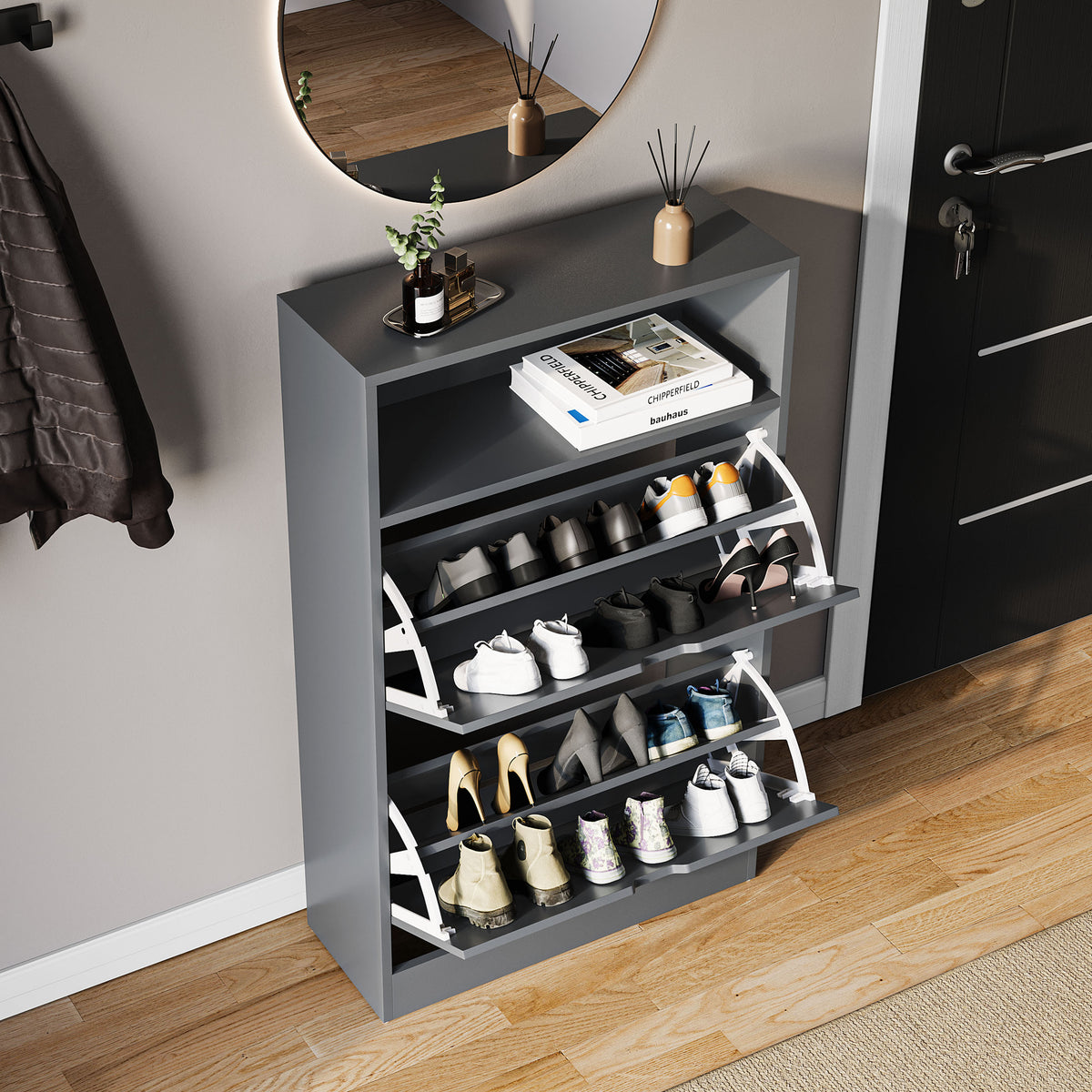 2 Drawer Shoe Cabinet With Shelf, Grey