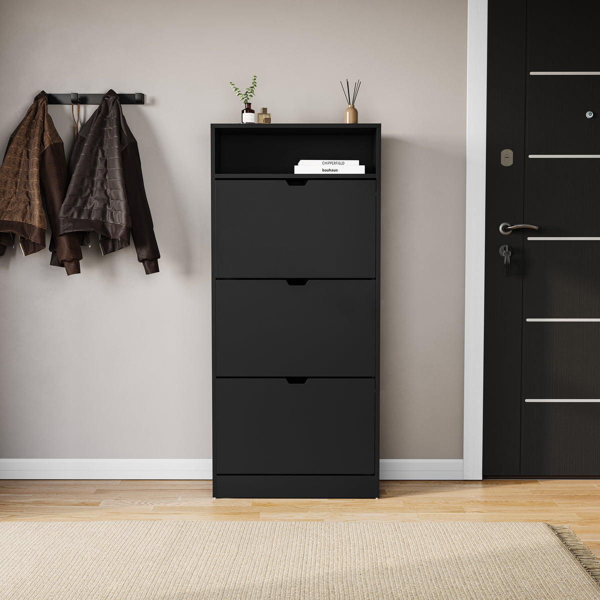 3 Drawer Shoe Cabinet With Shelf, Black