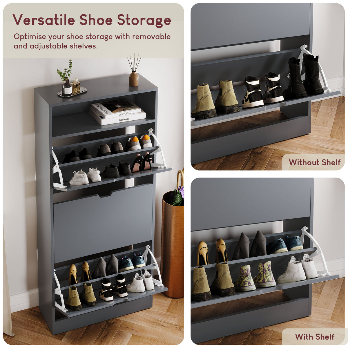 3 Drawer Shoe Cabinet With Shelf, Grey