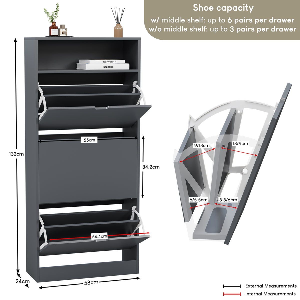 3 Drawer Shoe Cabinet With Shelf, Grey