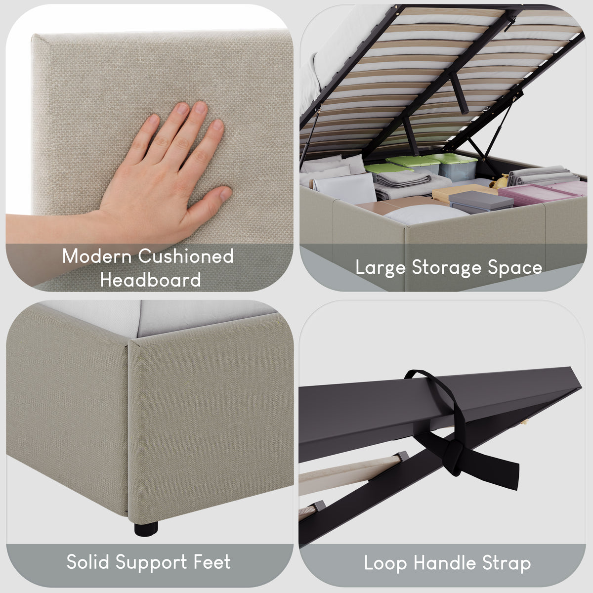 Veronica King Size Linen Ottoman Bed, Beige Linen upholstered ottoman bed with lift-up storage