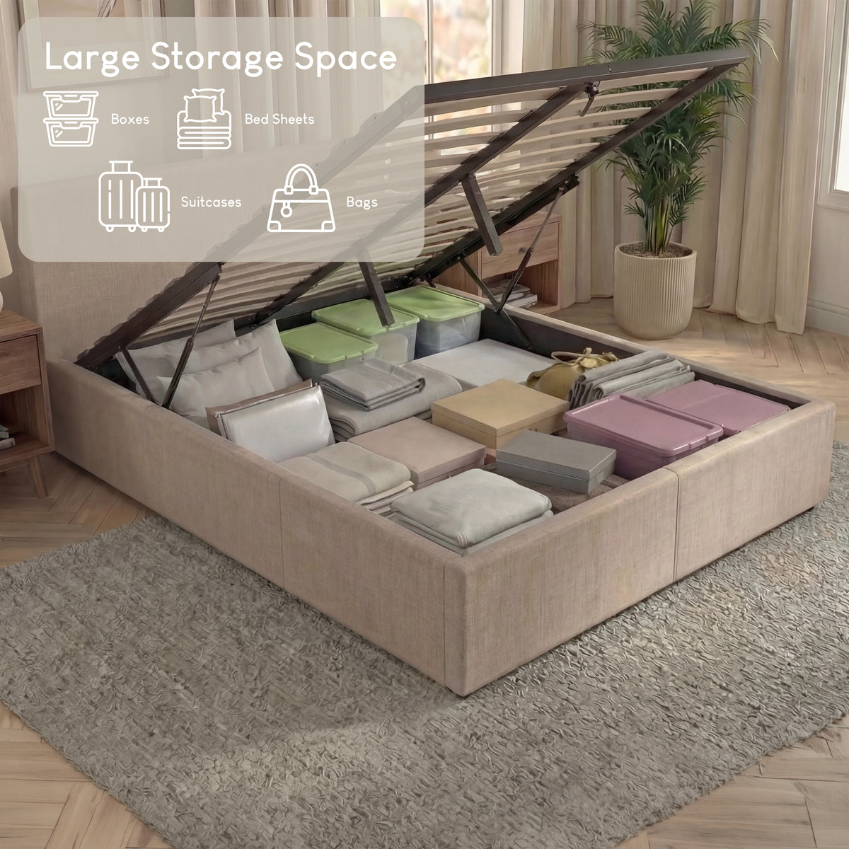 Veronica King Size Linen Ottoman Bed, Beige Linen upholstered ottoman bed with lift-up storage
