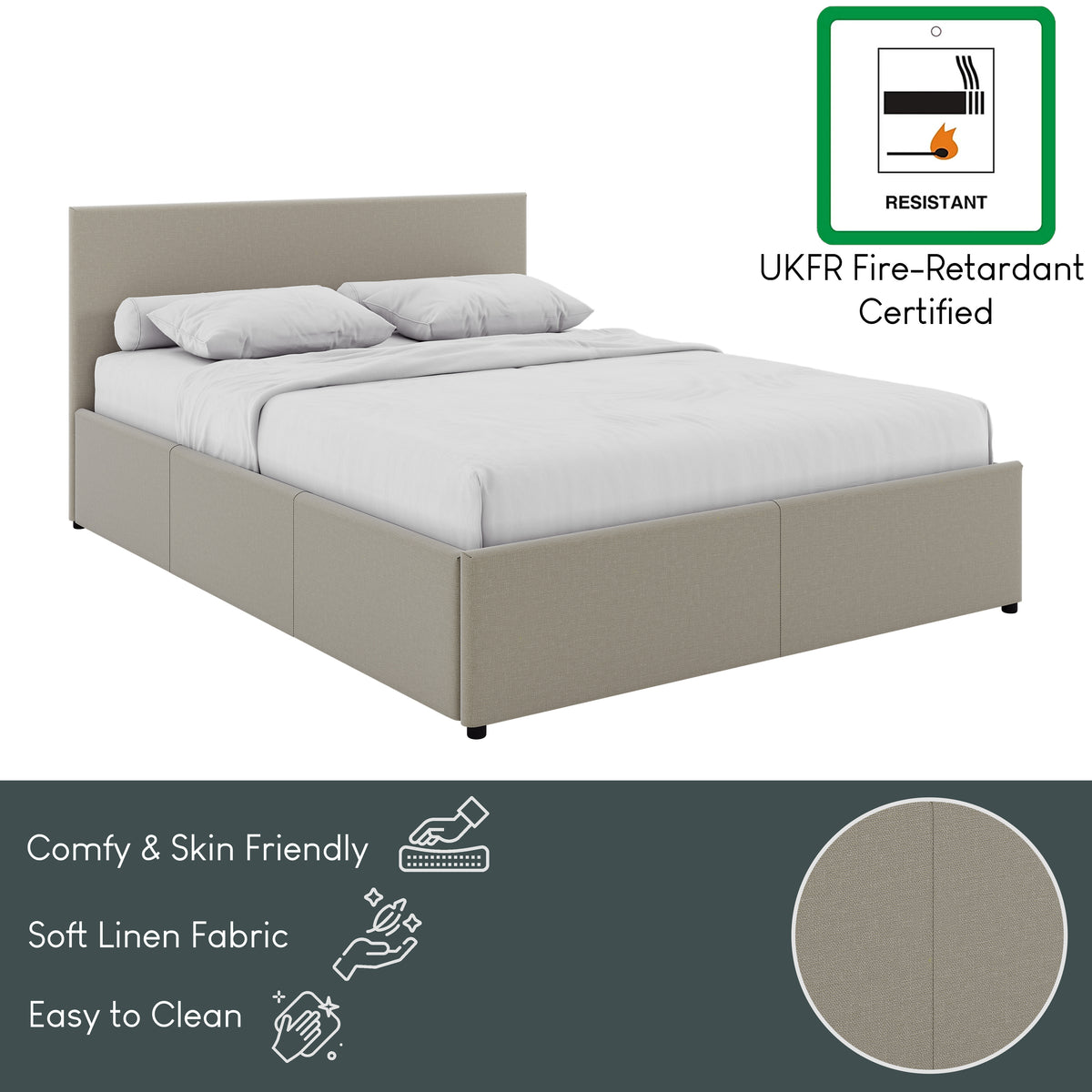 Veronica King Size Linen Ottoman Bed, Beige Linen upholstered ottoman bed with lift-up storage