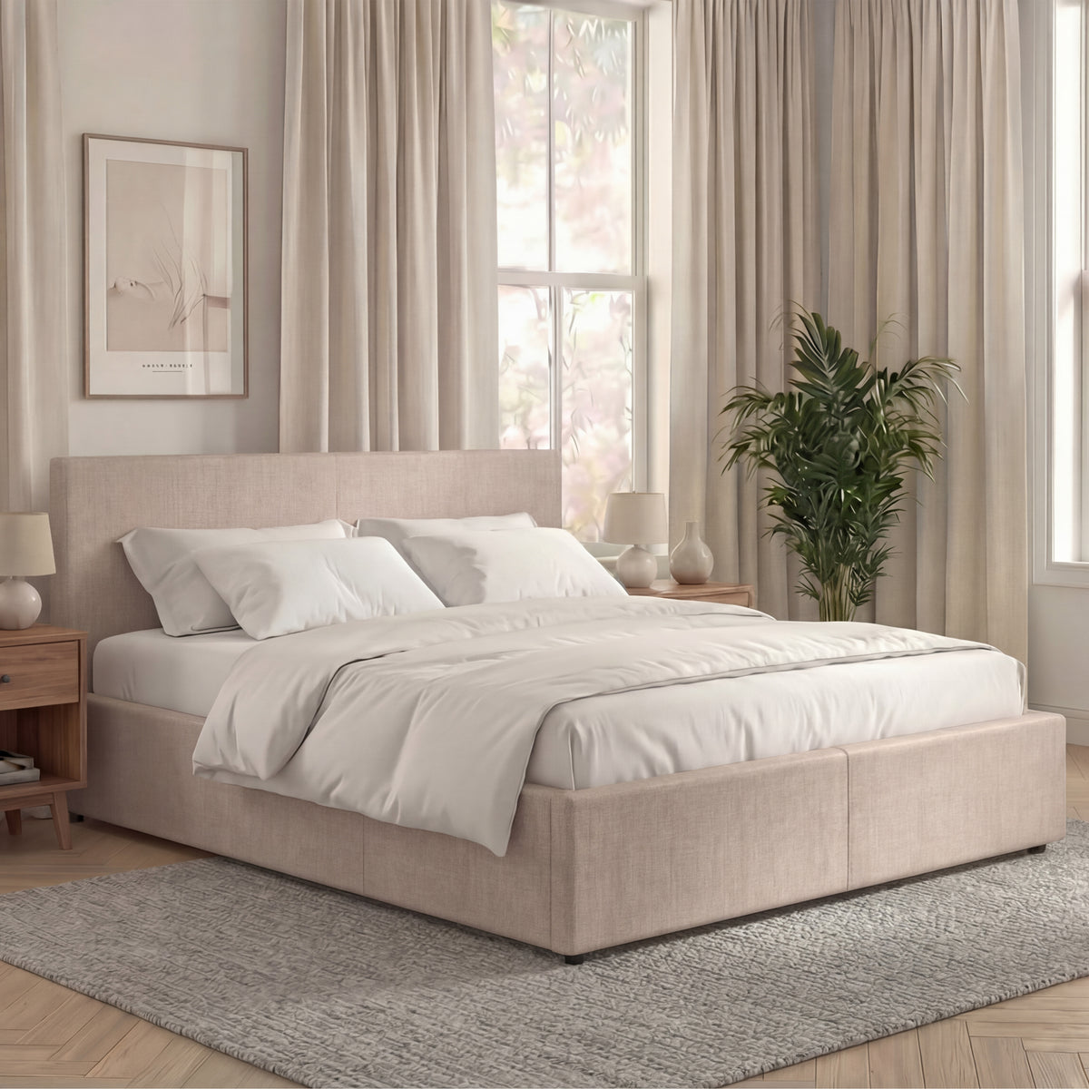 Veronica King Size Linen Ottoman Bed, Beige Linen upholstered ottoman bed with lift-up storage