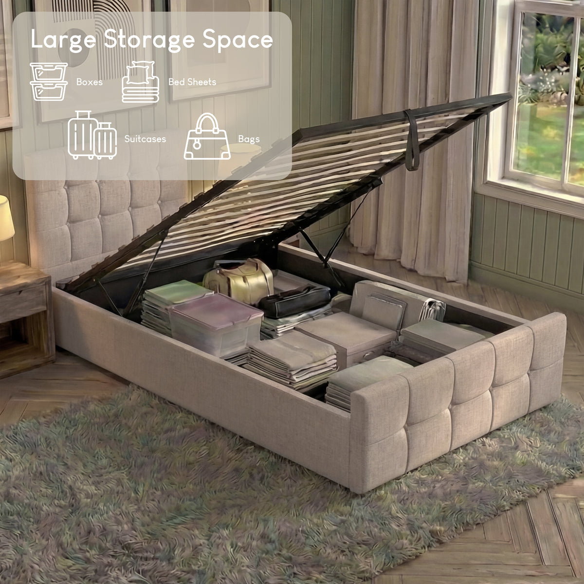 Valentina Single Ottoman Bed, Beige Linen