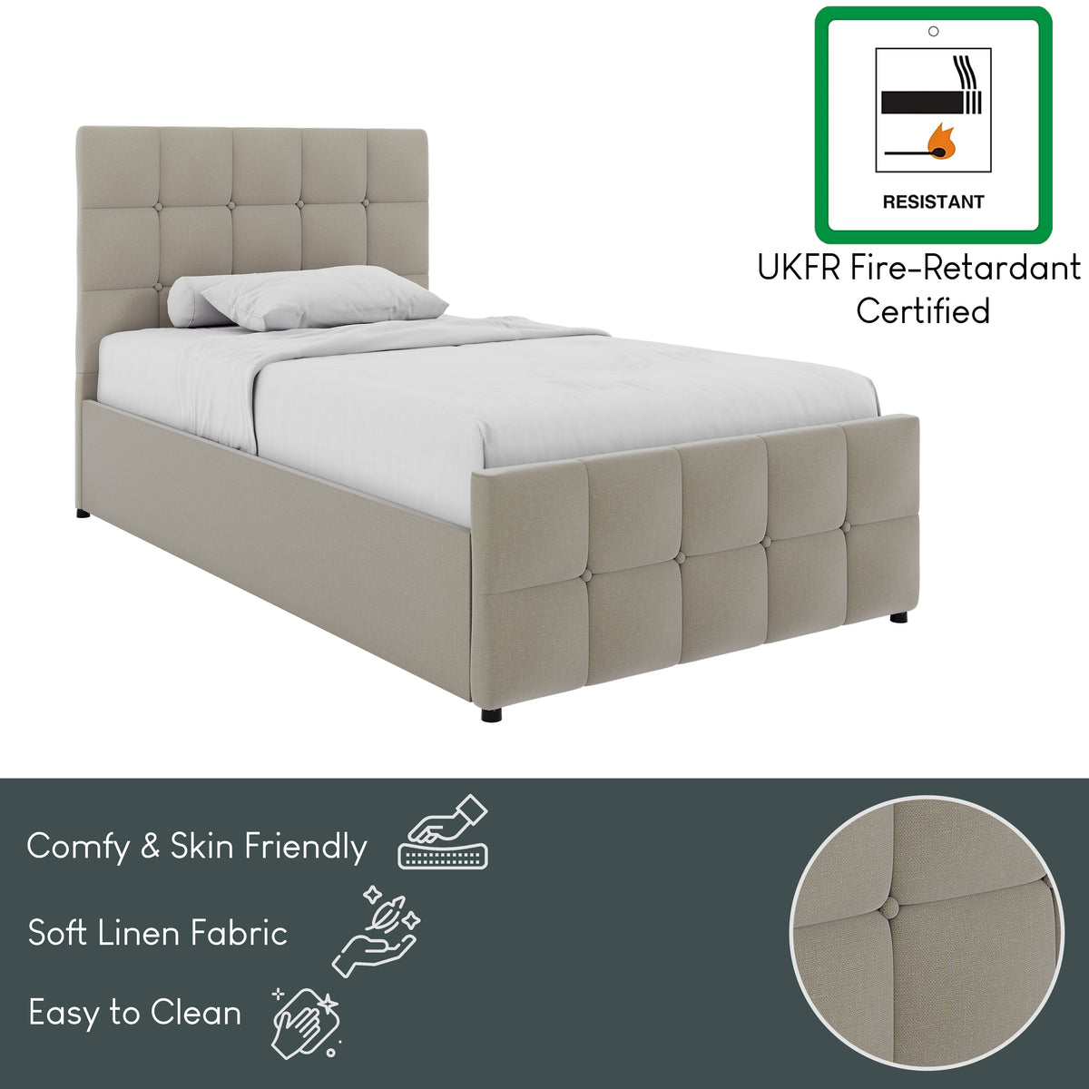 Valentina Single Ottoman Bed, Beige Linen