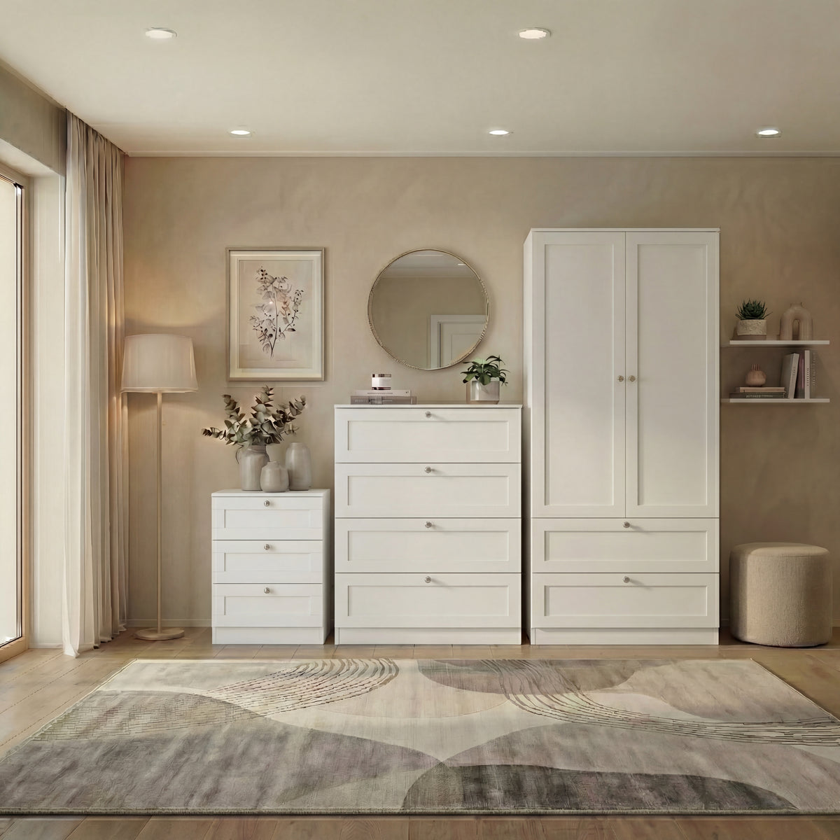 Altino 3 Piece Bedroom Furniture Set (3 Drawer Bedside, 4 Drawer Chest, 2 Door 2 Drawer Wardrobe), White