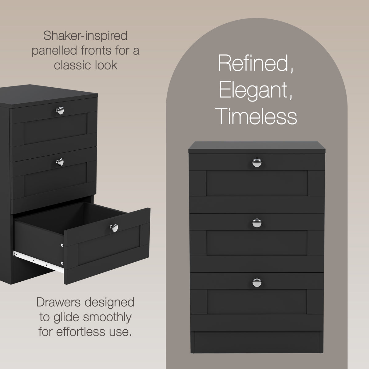 Altino 3 Piece Bedroom Furniture Set (3 Drawer Bedside, 5 Drawer Chest, 2 Door 2 Drawer Wardrobe), Black
