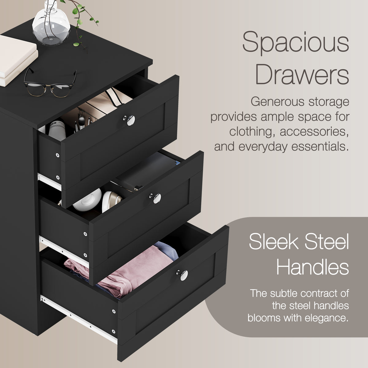 Altino 3 Drawer Bedside Chest, Black