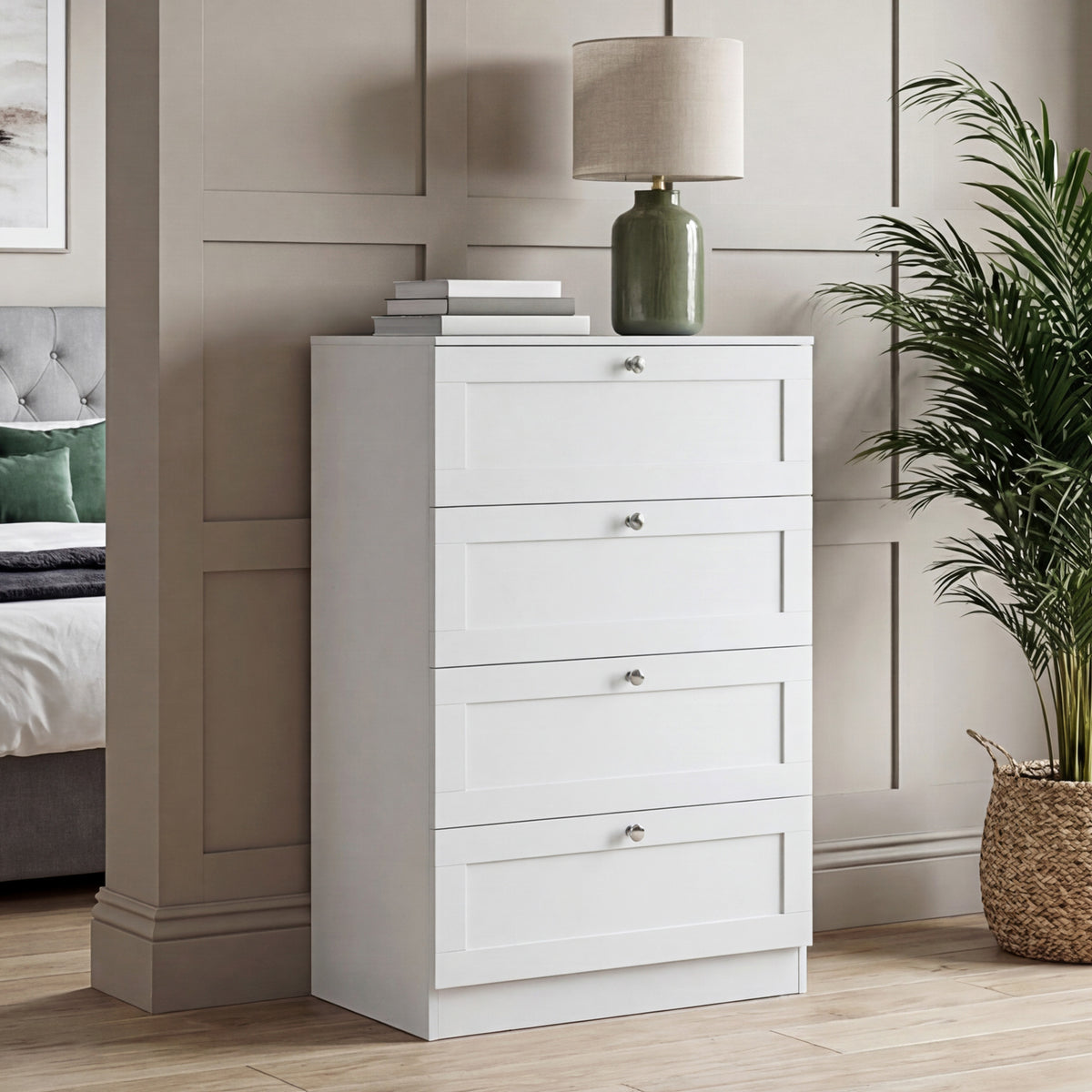 Altino 3 Piece Bedroom Furniture Set (2 Drawer Bedside, 4 Drawer Chest, 3 Door 2 Drawer Wardrobe), White