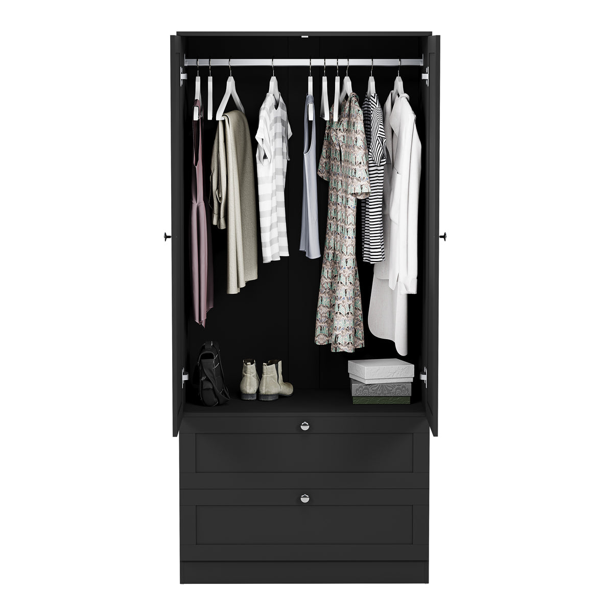 Altino 3 Piece Bedroom Furniture Set (2 Drawer Bedside, 5 Drawer Chest, 2 Door 2 Drawer Wardrobe), Black