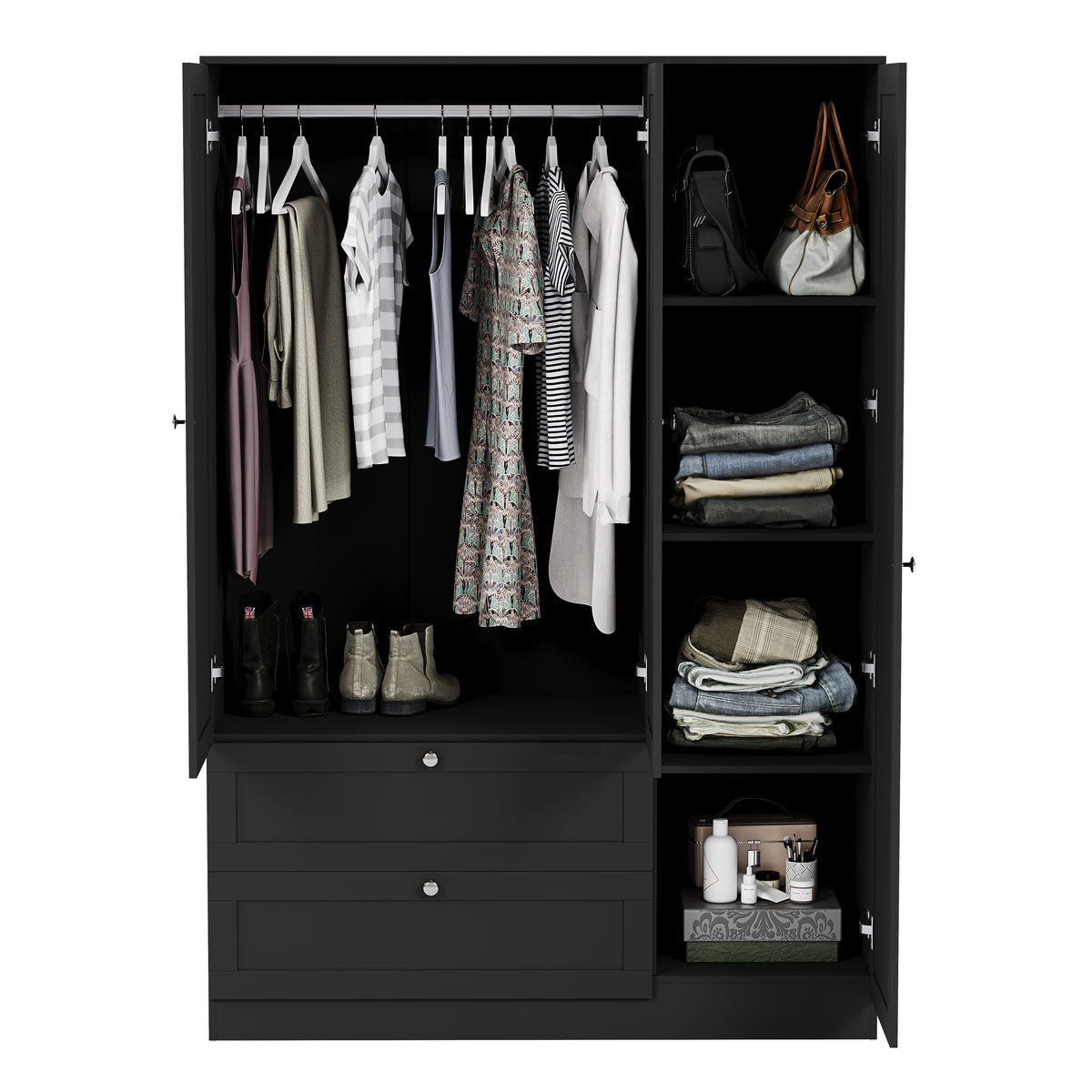 Altino 3 Piece Bedroom Furniture Set (2 Drawer Bedside, 4 Drawer Chest, 3 Door 2 Drawer Wardrobe), Black