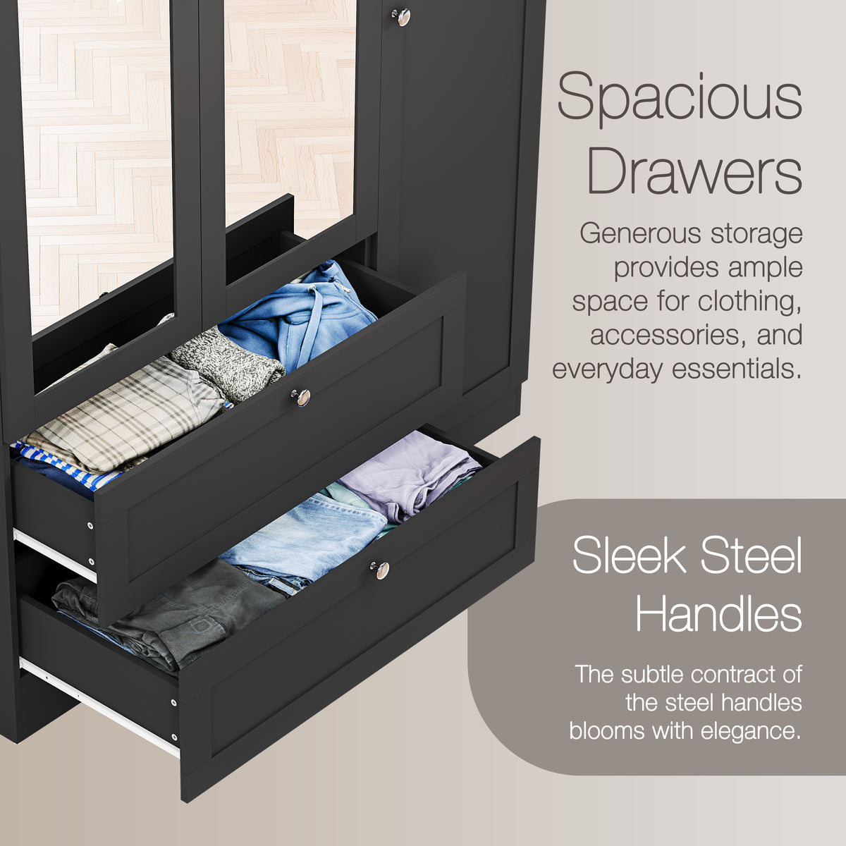Altino 3 Piece Bedroom Furniture Set (2 Drawer Bedside, 4 Drawer Chest, 3 Door 2 Drawer Wardrobe), Black