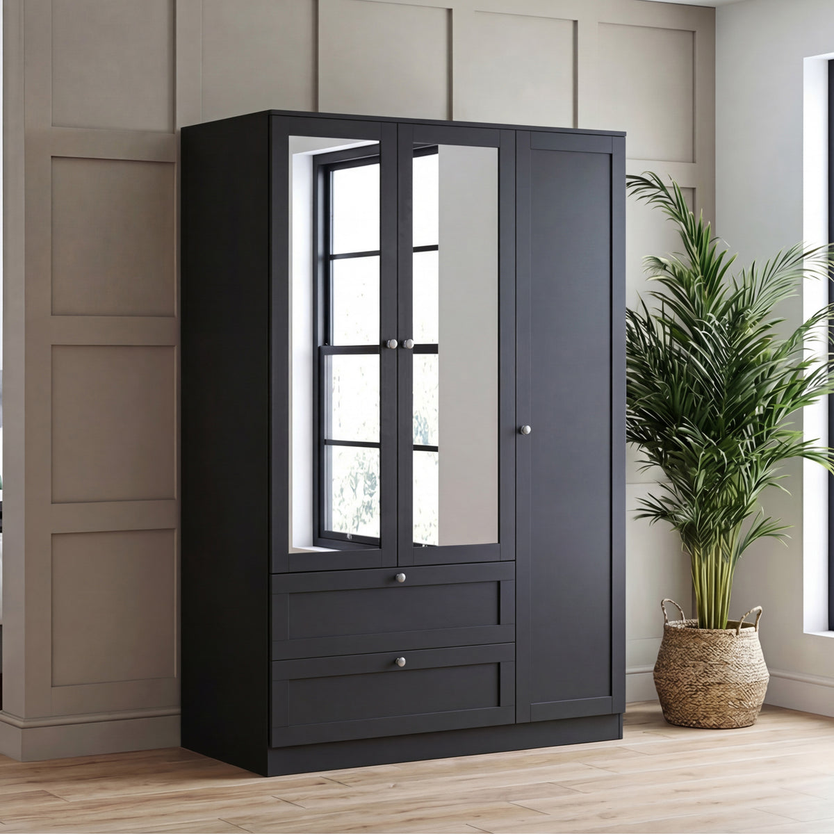 Altino 3 Door 2 Drawer Mirrored Wardrobe, Black