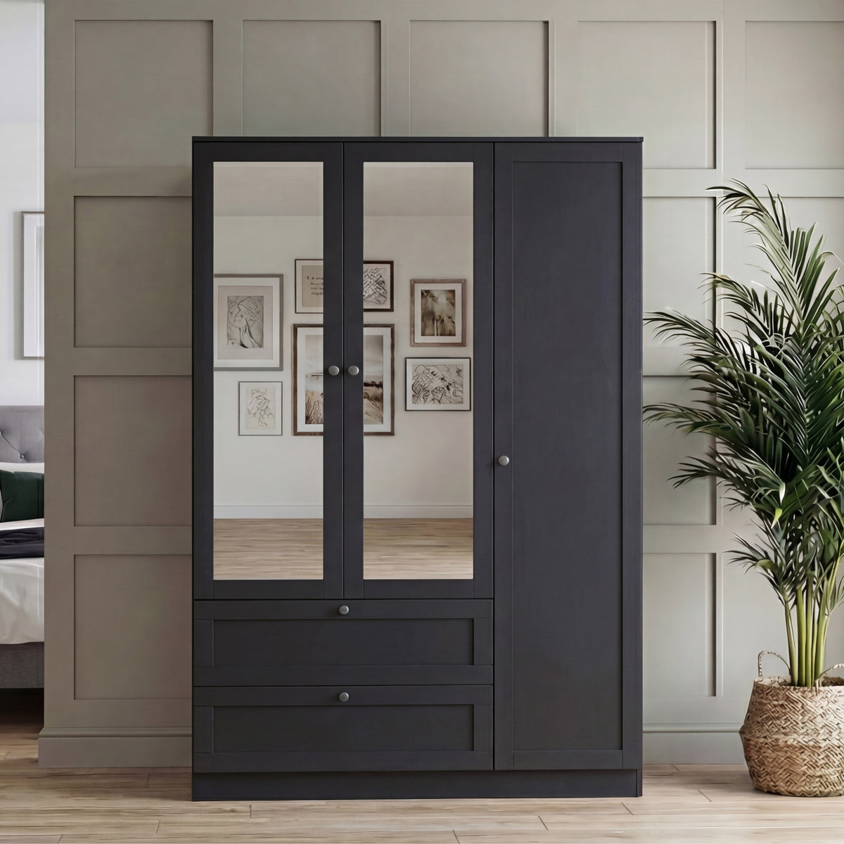 Altino 3 Piece Bedroom Furniture Set (2 Drawer Bedside, 4 Drawer Chest, 3 Door 2 Drawer Wardrobe), Black