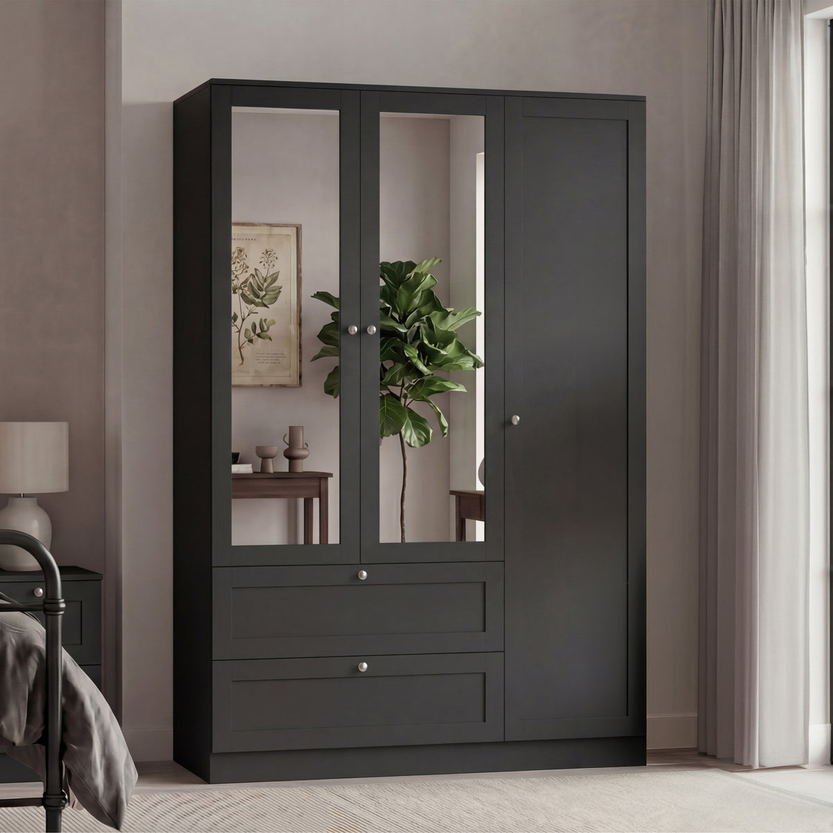 Altino 3 Door 2 Drawer Mirrored Wardrobe, Black
