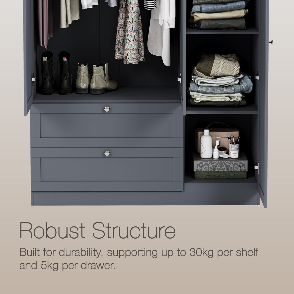 Altino 3 Door 2 Drawer Mirrored Wardrobe, Grey