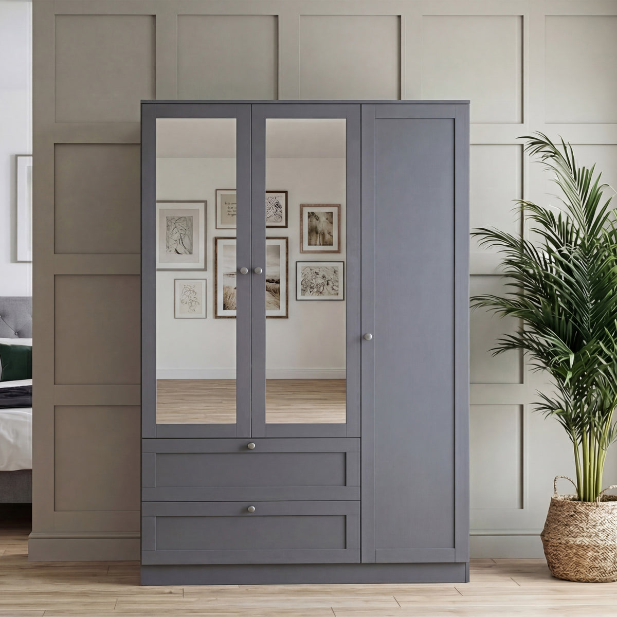 Altino 3 Piece Bedroom Furniture Set (2 Drawer Bedside, 4 Drawer Chest, 3 Door 2 Drawer Wardrobe), Grey