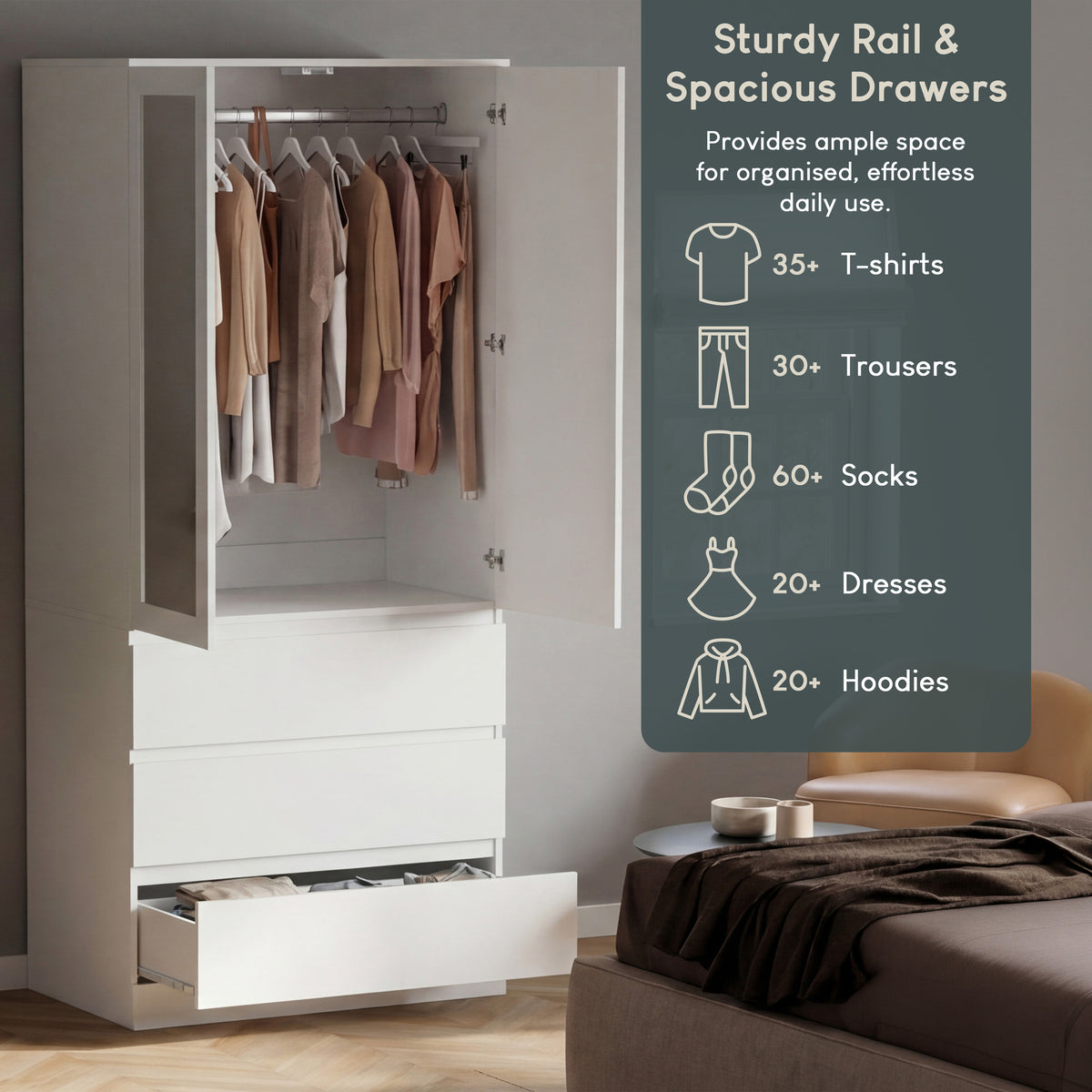 Denver 2 Door 3 Drawer Mirrored Wardrobe, White | Spacious Bedroom Storage