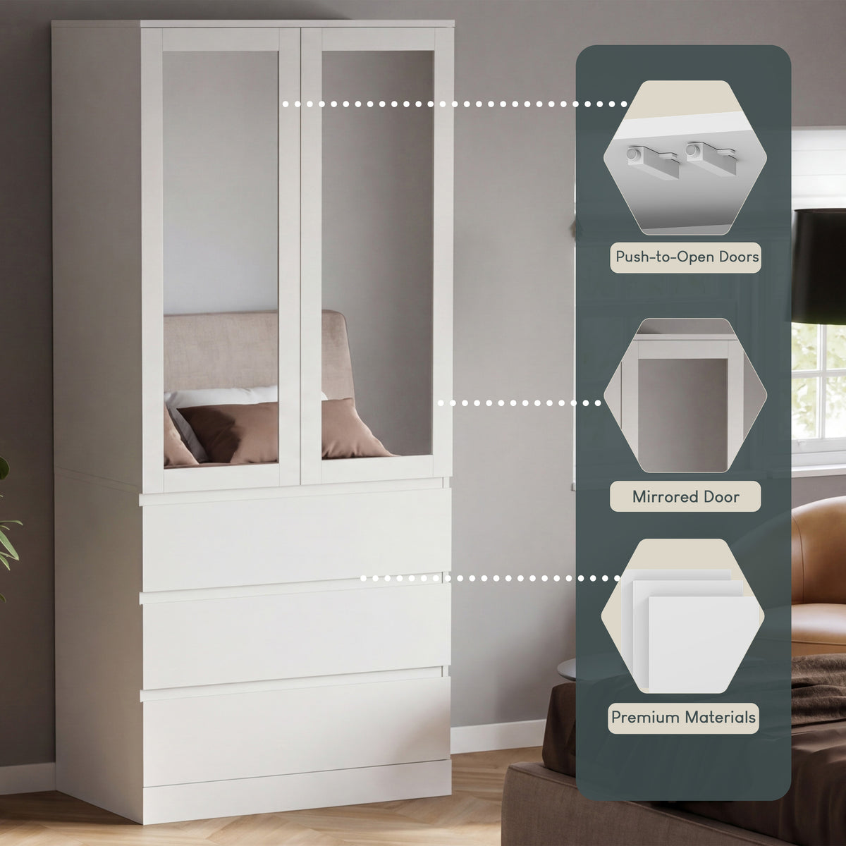 Denver 2 Door 3 Drawer Mirrored Wardrobe, White | Spacious Bedroom Storage