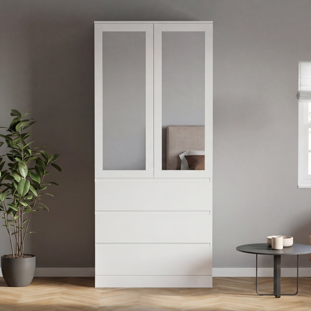 Denver 2 Door 3 Drawer Mirrored Wardrobe, White | Spacious Bedroom Storage