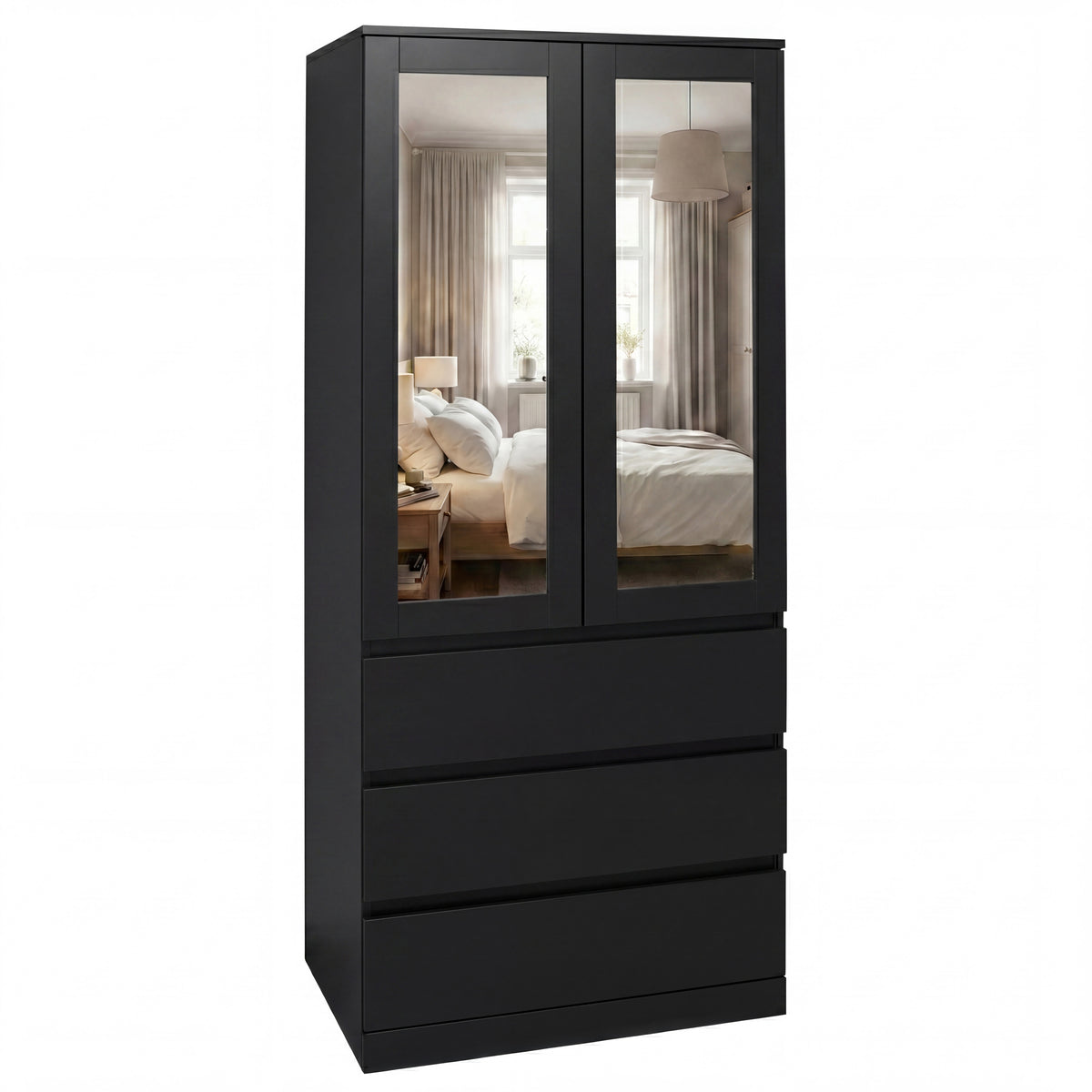Denver 2 door 3 drawer mirrored wardrobe, Black