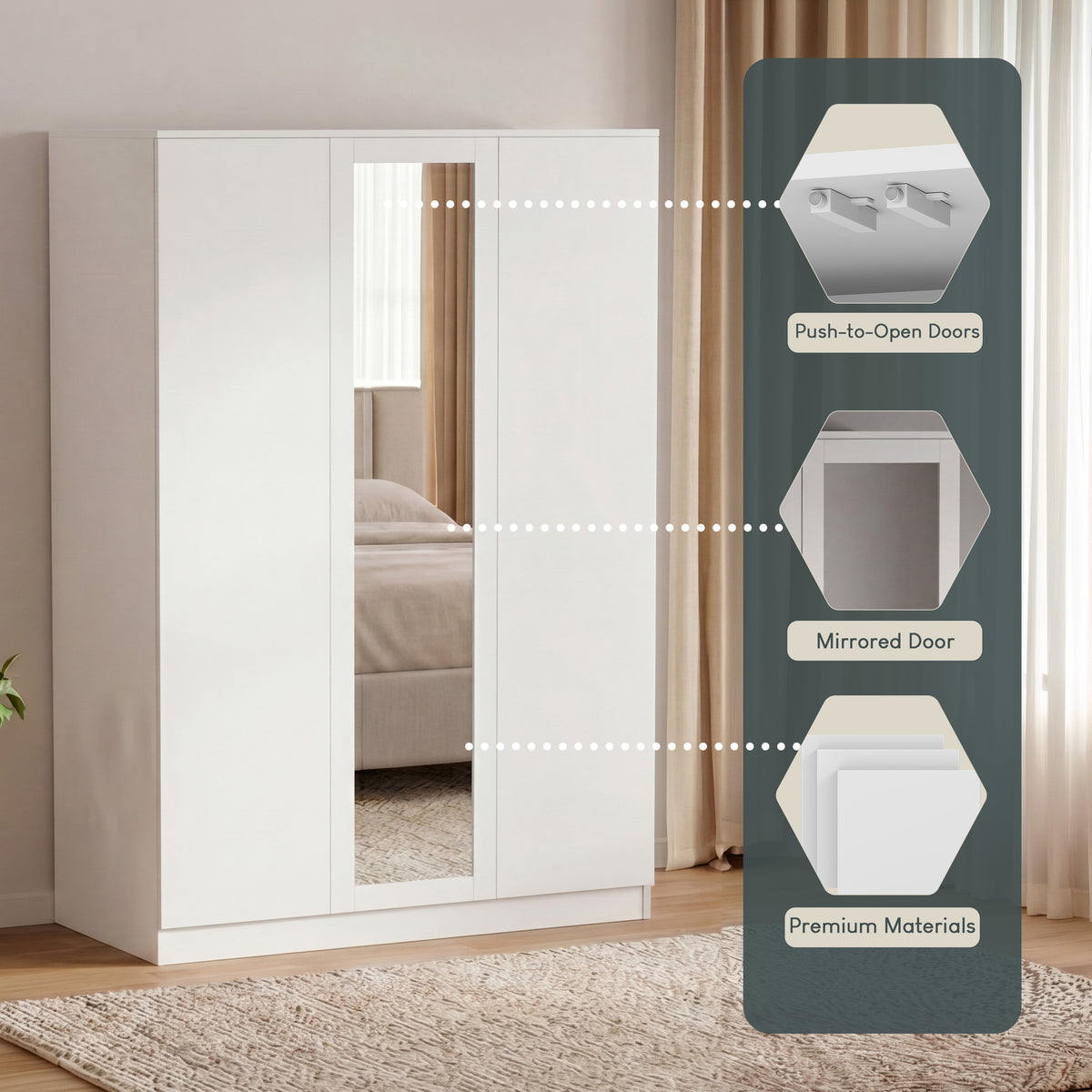 Denver 3 door mirrored wardrobe, White